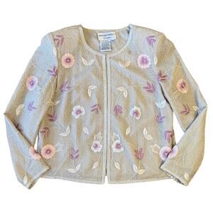 VTG Adrianna Papell Occasion Blazer Fully Beaded Floral Silk 80s Beige Petite 8P